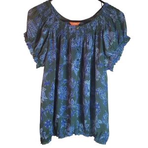 Joe Fresh Women's Blue Floral Peasant Top SIZE (M)